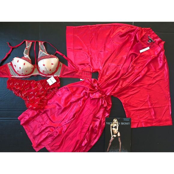 Victoria's Secret 34D,34DD BRA SET+panty HAPPY+KIMONO ROBE heart RED VALENTINE's